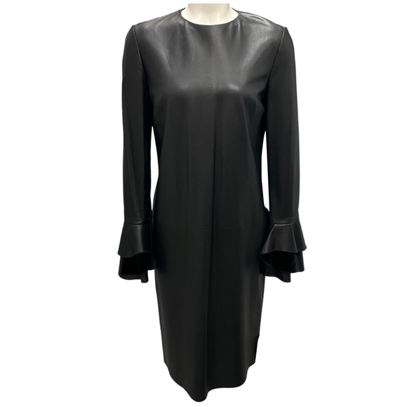 RALPH LAUREN COLLECTION BLACK RUFFLED DETAIL LAMBSKIN LEATHER DRESS WITH VELVET - Picture 1 of 5